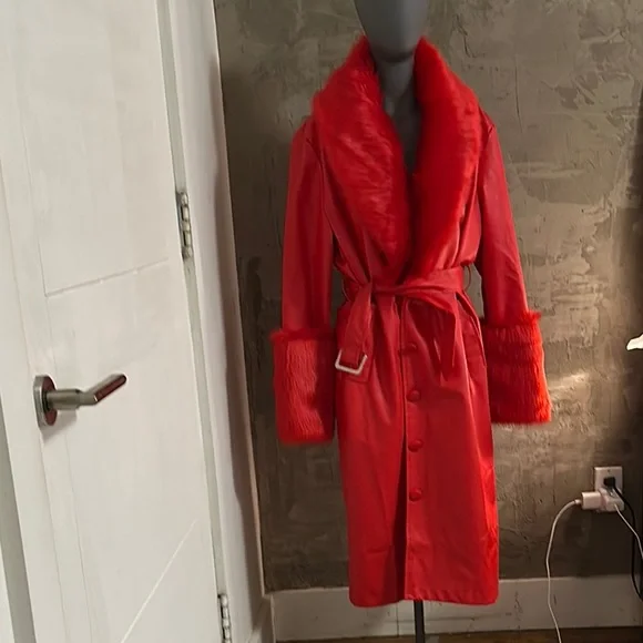 Luxurious Red Faux Fur Trimmed Coat - Picture 2 of 3